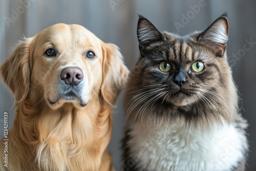 A cat and dog sitting side by side in a friendly pose, suggesting companionship photo