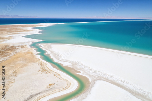 Aerial view of arid salt flat and turquoise colored lake or sea