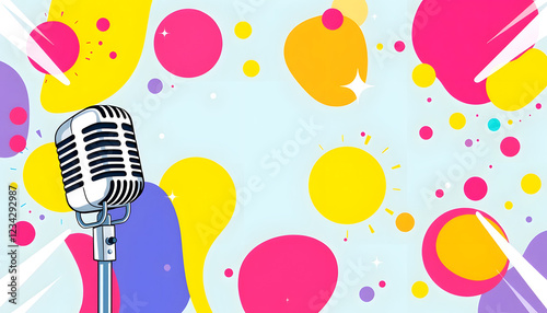Colorful background in abstract style with retro microphone and splashing shapes. Vector illustration , with white tonespng