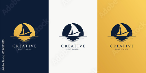 Simple Minimalist Sail Boat  with water sea ocean wave logo design inspiration 