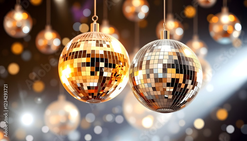 Disco balls. Night club party element with mirror surface, silver and golden dance club light effect. Vector retro futuristic technology 80s isolated glitter party spheres set isolated with white hi photo