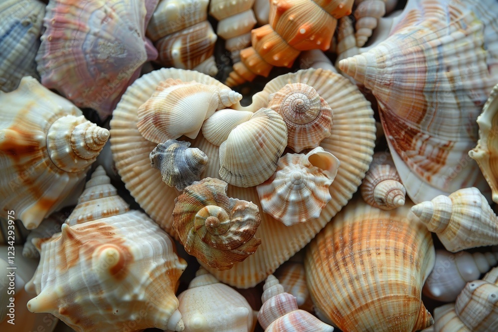 Variety of seashells forming heart shape, symbolizing love and connection to the ocean Variety of seashells forming heart shape, symbolizing love and connection to the ocean