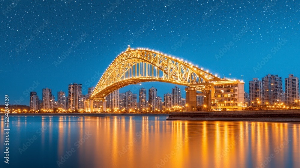 Naklejka premium Illuminated Bridge at Night, with Starry Sky and City Reflection