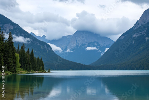 Mountainous landscape with tranquil lake and forest in background