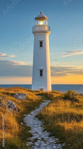 Design a landscape where a lighthouse symbolizes clear vision and guidance