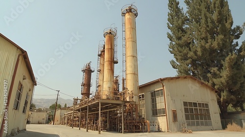 Rustic industrial landscape weathered factory buildings  tall, rusted distillation columns under a clear sky.  Evokes themes of industry, history, and possibly abandonment. photo