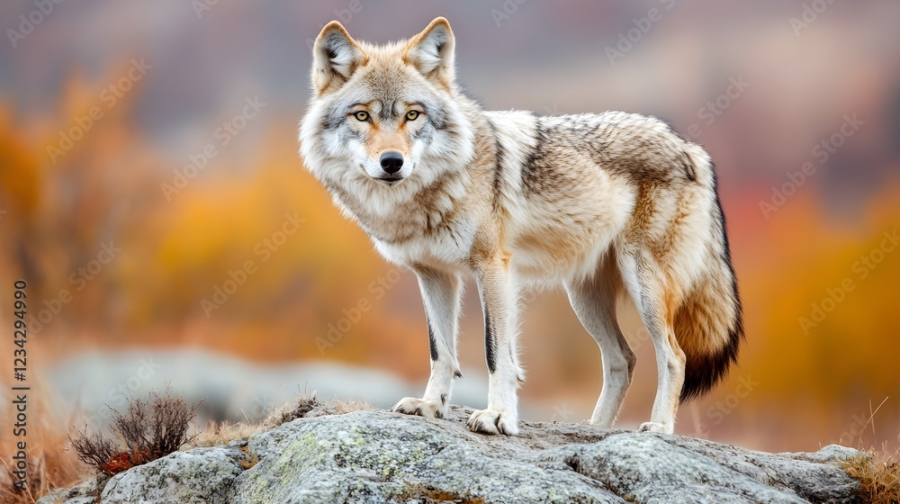 Majestic Lone Wolf on Rocky Peak, Autumn Hues Majestic Lone Wolf on Rocky Peak, Autumn Hues