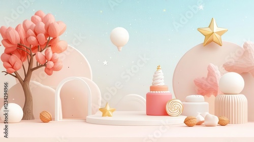 A whimsical pastel scene featuring a delicious dessert, soft trees, and decorative elements, perfect for celebrations and joyful occasions.
