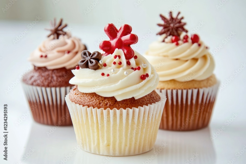 Three colorful cupcakes with white frosting and red sprinkles on top Three colorful cupcakes with white frosting and red sprinkles on top