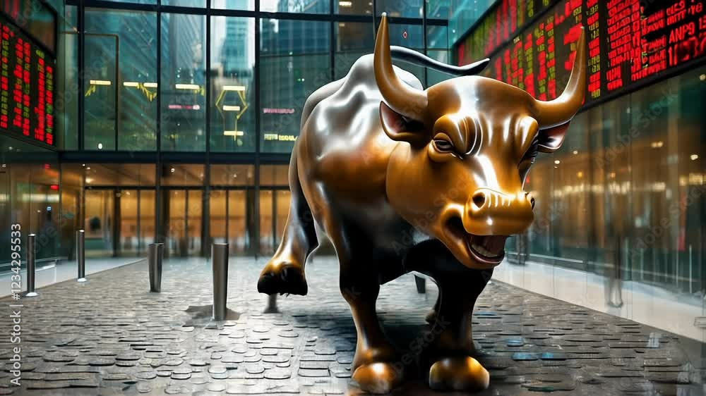 Golden bull statue in front of a financial stock market building with bright LED screens displaying data. Concept of financial power and determination Golden bull statue in front of a financial stock market building with bright LED screens displaying data. Concept of financial power and determination