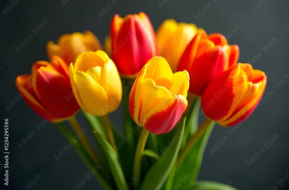 A beautiful bouquet of colorful tulips wrapped in paper. Small business, flower shop. Greeting card. International Women's Day A beautiful bouquet of colorful tulips wrapped in paper. Small business, flower shop. Greeting card. International Women's Day