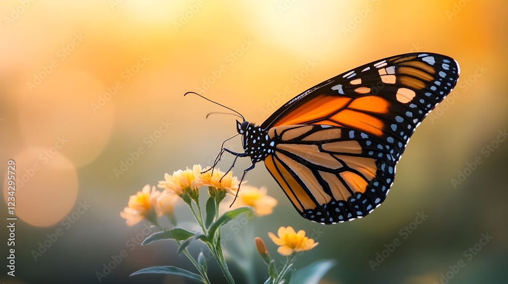 Fototapeta premium Monarch Butterfly's Golden Hour: A breathtaking sunset scene.