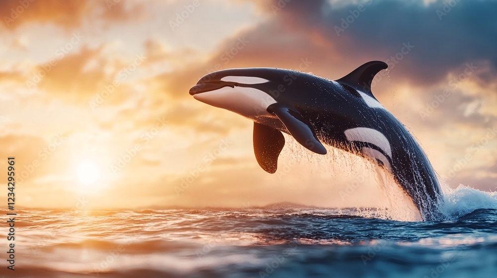 Obraz premium Majestic Orca breaches at sunset, a breathtaking ocean spectacle!