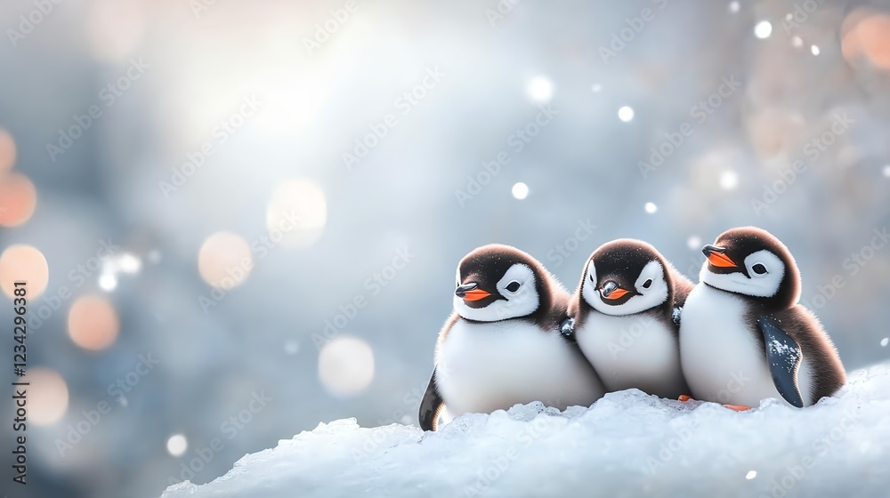 Fototapeta premium Three Adorable Penguins Huddle Together in Snowy Wonderland!