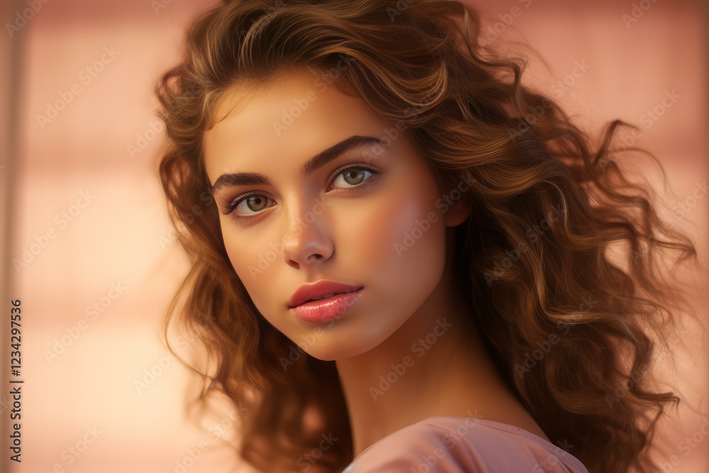 Naklejka premium Studio portrait of young woman with long wavy hair and perfect skin