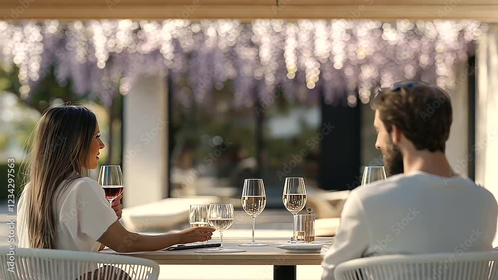 Couple Enjoying Wine on a Blooming Wisteria Patio