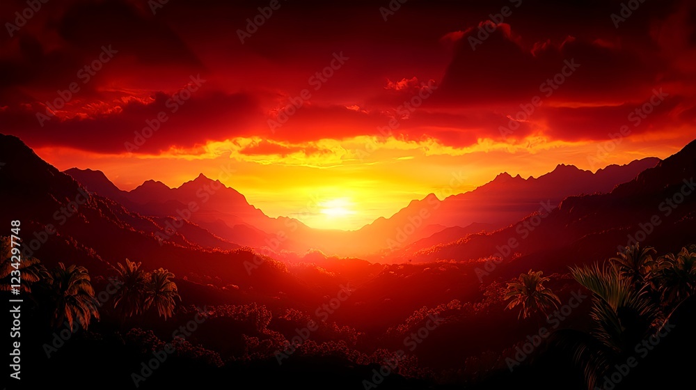 Fototapeta premium Fiery Red Sunset Over Tropical Mountains
