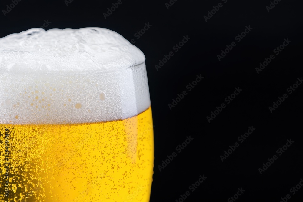 A foamy head of refreshing golden beer in a glass against a dark background. A foamy head of refreshing golden beer in a glass against a dark background.