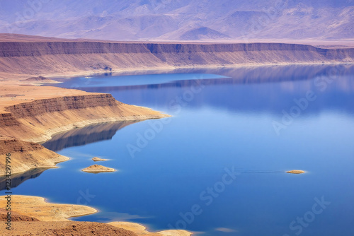High altitude landscape of lake surrounded by mountainous terrain