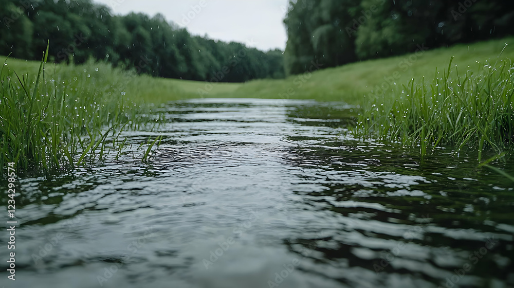 Fototapeta premium Stream flows through green meadow, forest backdrop; nature scene