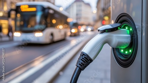 Electric vehicle charging cable plugged into a public charging station, with a city bus in the background. photo