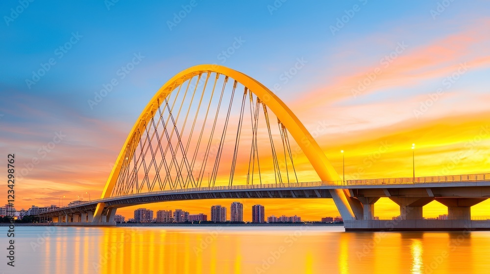 Obraz premium Modern Arch Bridge at Sunset over Calm Water and City Skyline