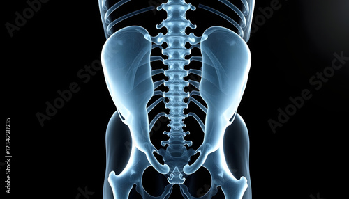 Pelvic skeleton back view on x-ray body with black background , with white tonespng