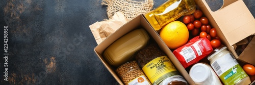 A top-down view of a food donation box with non-perishable items