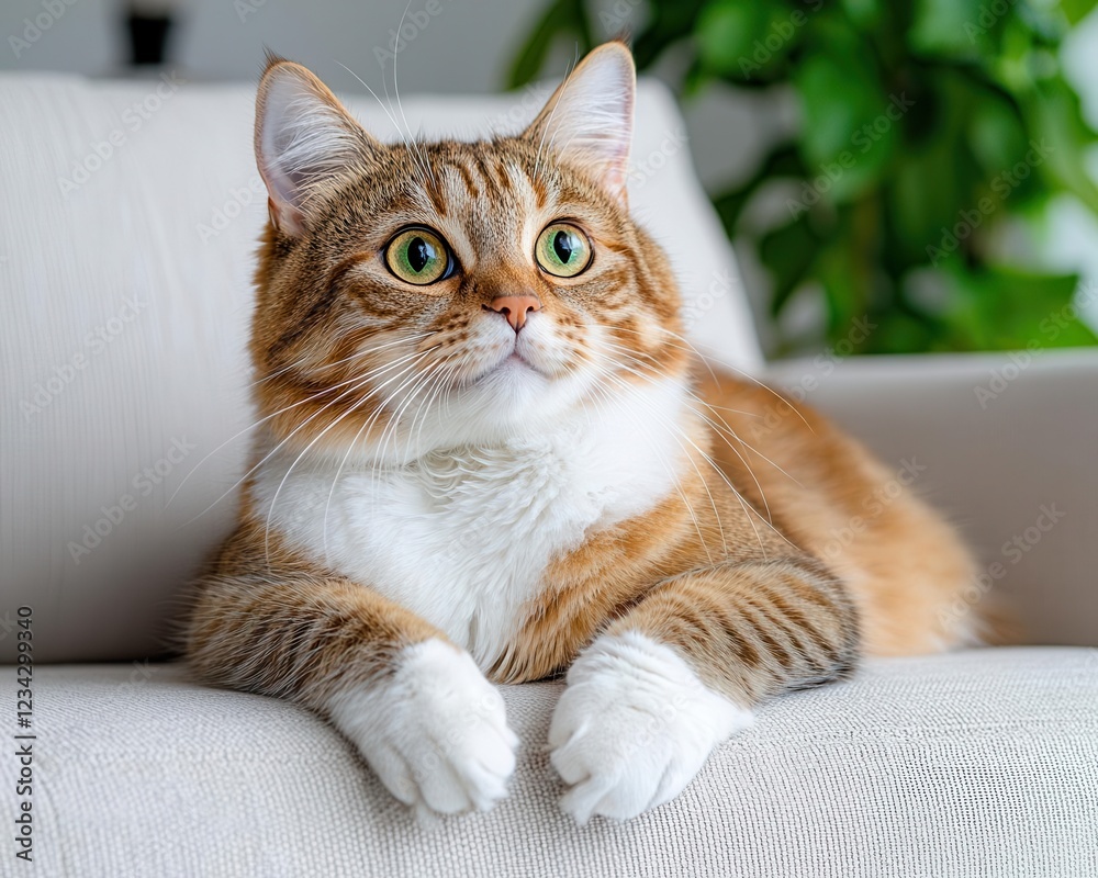 custom made wallpaper toronto digitalA curious cat lounging comfortably on a sofa, featuring striking green eyes and a soft, fluffy coat amidst a cozy home setting.
