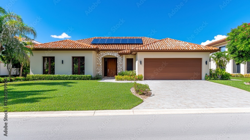 Fototapeta premium Modern House With Terracotta Roof And Solar Panels