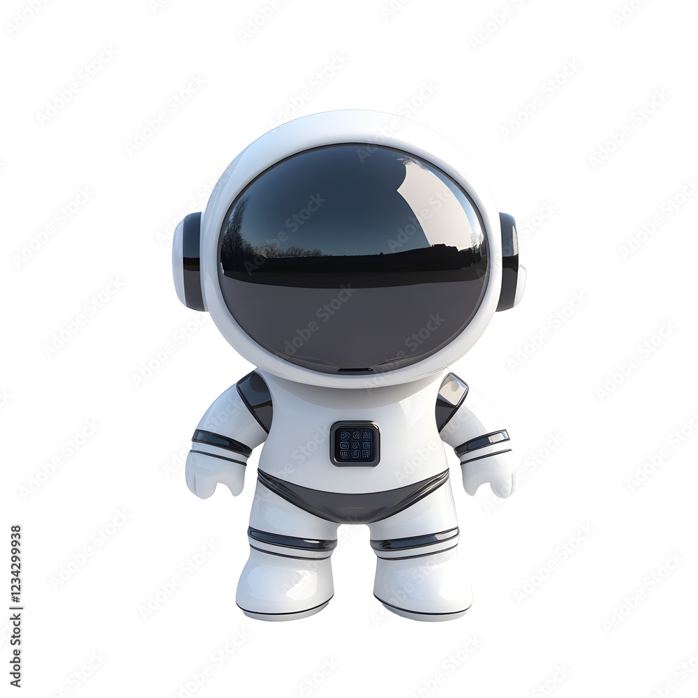 Cute Futuristic Robot Astronaut Character in Spacecraft against White Background Cute Futuristic Robot Astronaut Character in Spacecraft against White Background