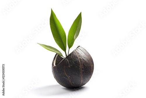 Freshly Cut Coconut with Lush Green Leaf, Isolated on White. Perfect for tropical themed designs, summer cocktails, healthy food branding, packaging, websites, and more! High-resolution      photo