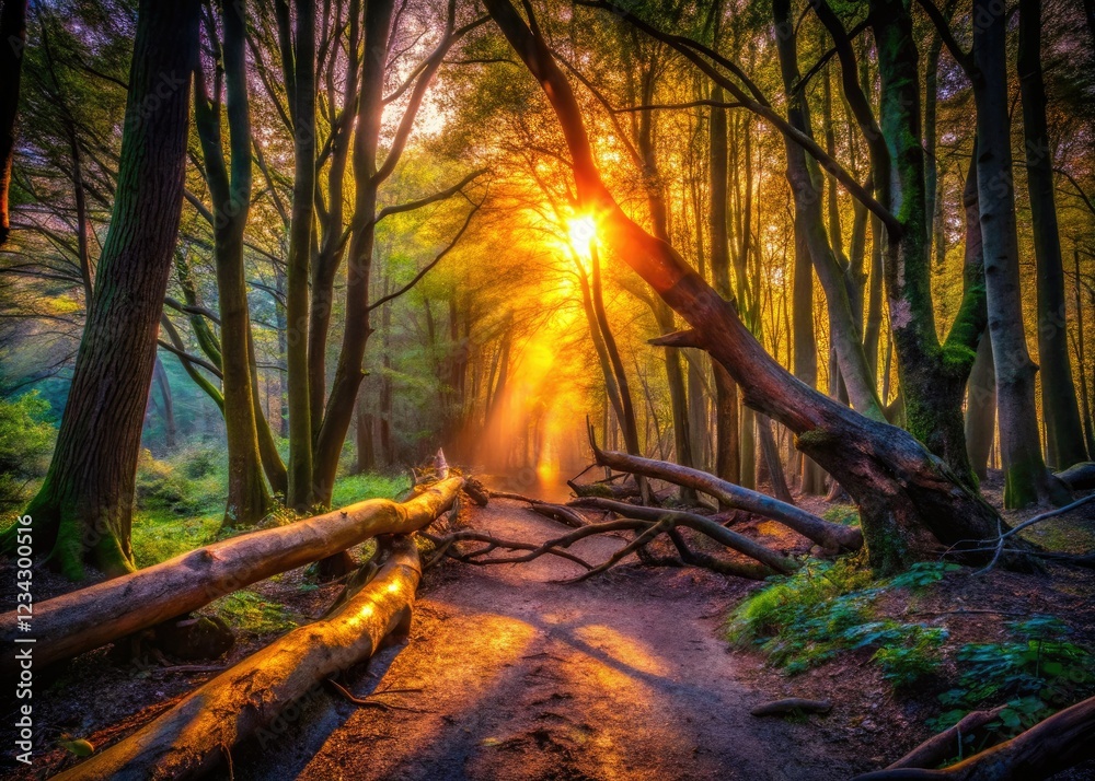 Dark forest path blocked by fallen trees, dramatic silhouette against moody light. Dark forest path blocked by fallen trees, dramatic silhouette against moody light.