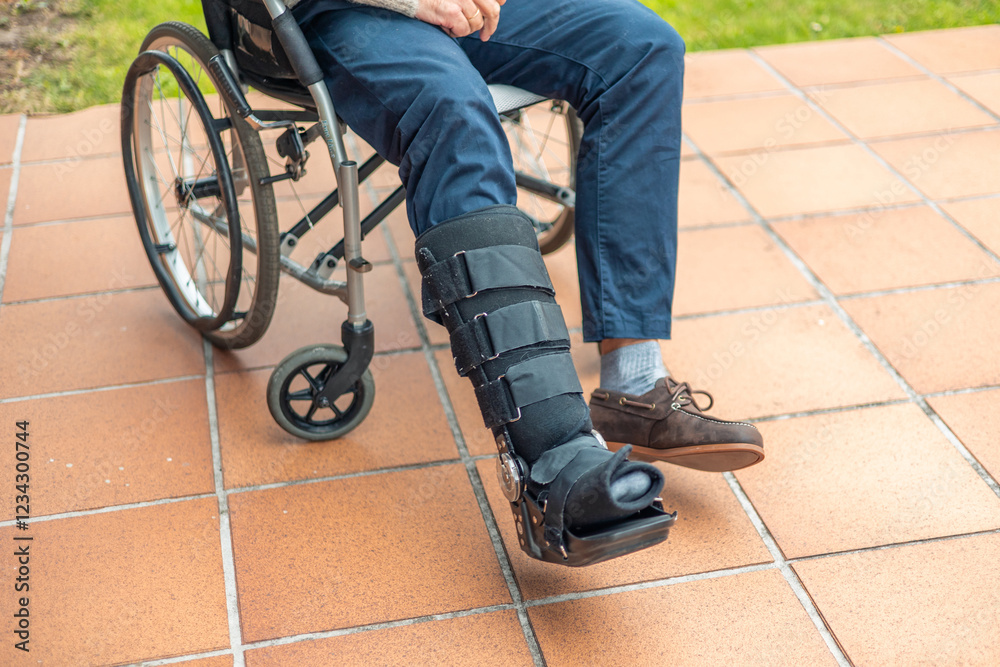 Obraz premium Patient wearing a leg brace and sitting in wheelchair resting in outdoor patio