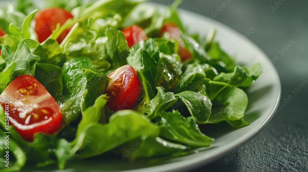 A fresh green salad with lettuce and tomatoes on a white plate, perfect for a quick lunch or dinner A fresh green salad with lettuce and tomatoes on a white plate, perfect for a quick lunch or dinner