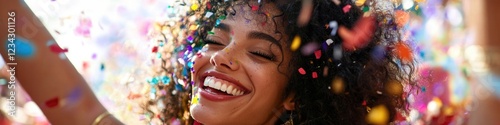 A happy woman laughing and throwing colorful confetti in the air, perfect for celebrations or joyous moments