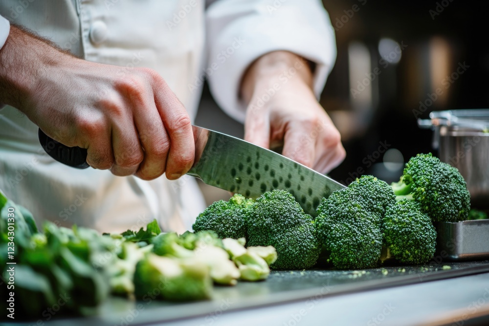 A chef cuts fresh broccoli on a wooden cutting board A chef cuts fresh broccoli on a wooden cutting board