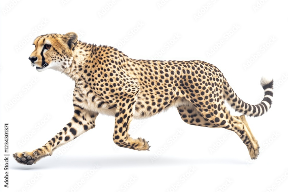 Fototapeta premium A cheetah runs freely on a plain white background