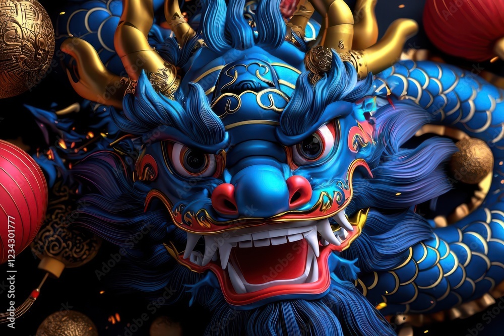 Fototapeta premium A vibrant blue dragon depicting strength and power, adorned with traditional ornaments, perfect for Asian-themed designs.