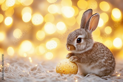 Minimalist easter theme with cute bunny and sparkling lights. Happy Easter concept photo