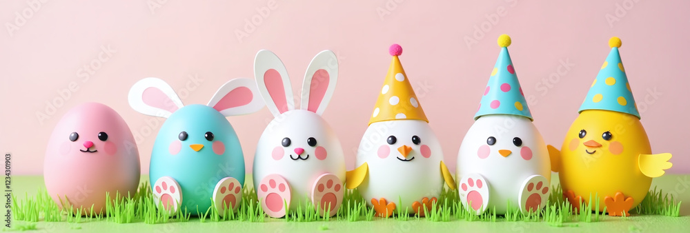 Fototapeta premium cute easter decorations include handmade eggs bunnies chicks colorful party