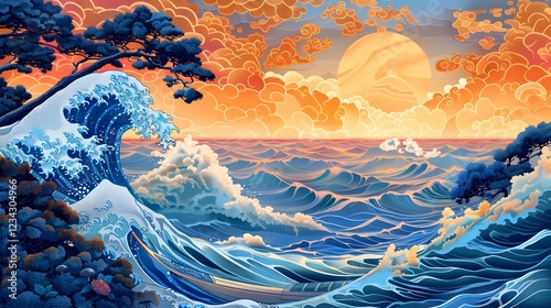 Dramatic Oceanic Landscape in Japanese Woodblock Print Style