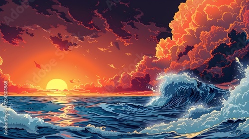 Dramatic Seascape at Sunset in Vibrant Comic Book Style