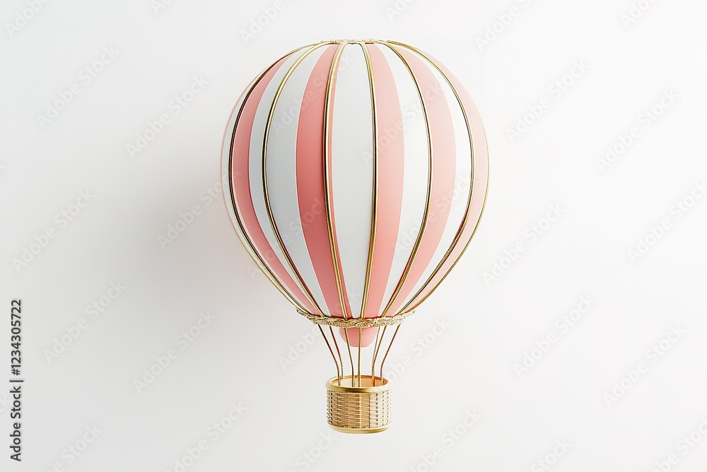 Fototapeta premium Adorable Pink and White Striped Hot Air Balloon Toy: Perfect for children's book illustrations, whimsical designs, greeting cards, party invitations, scrapbooking, and more! A charming,
