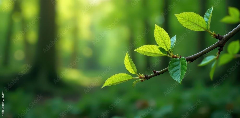 Spring buds growing on a branch in a dense forest, leaves, spring, growth Spring buds growing on a branch in a dense forest, leaves, spring, growth