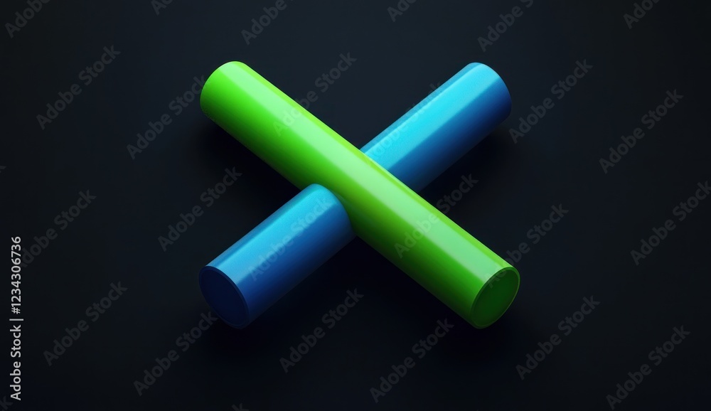 Naklejka premium Abstract intersecting lime green and blue cylinders on black background.