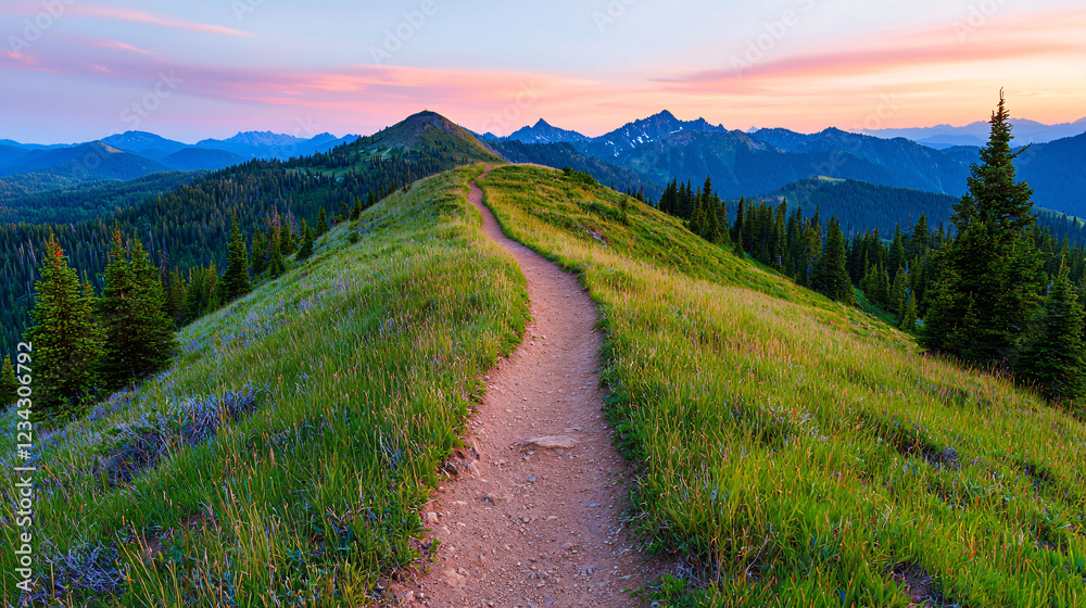 Serene mountain landscape at sunset with a winding trail through lush greenery and distant peaks Serene mountain landscape at sunset with a winding trail through lush greenery and distant peaks