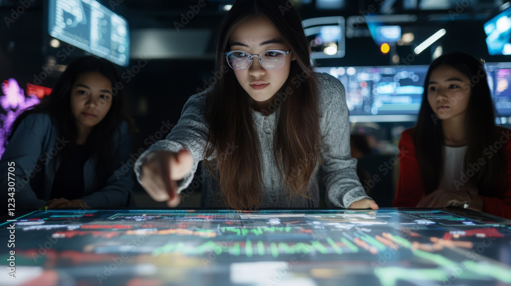 Fototapeta premium Innovative woman analyzing data on digital screen with colleagues. atmosphere is focused and collaborative, showcasing technology and teamwork in modern workspace