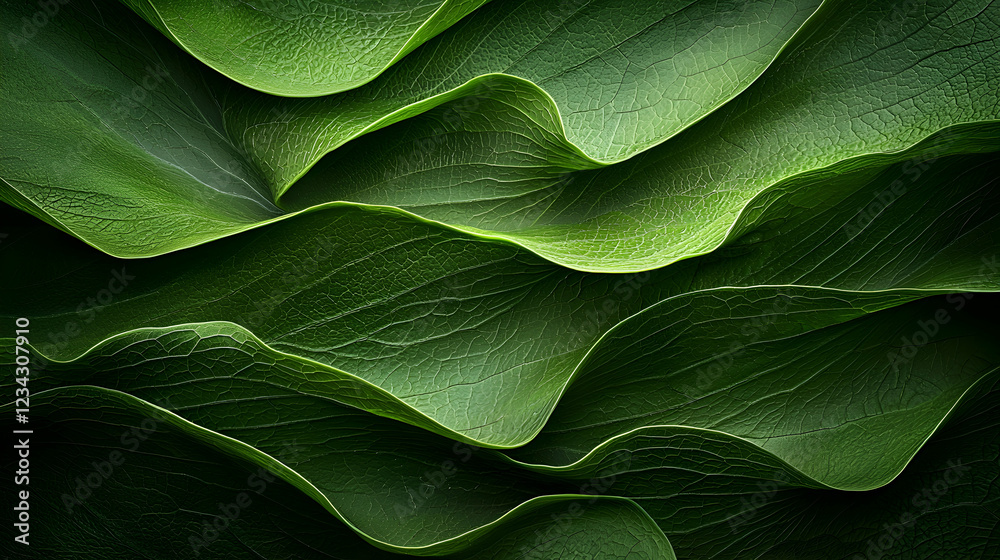 Obraz premium Layered green leaves with prominent veins create a wavy organic pattern in soft natural light.