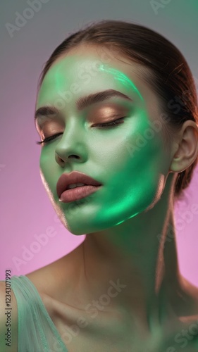 Close-up portrait of a woman with glowing green accents on her face, eyes closed, serene expression.
